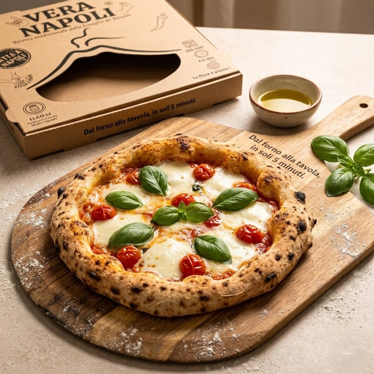 Neapolitan pizza on a wooden board with a pizza box and olive oil in the background.