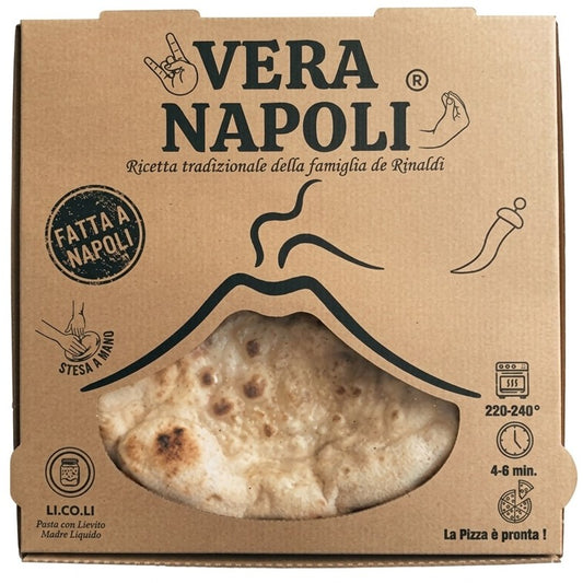 Vera Napoli pizza box with a pizza illustration on a brown background