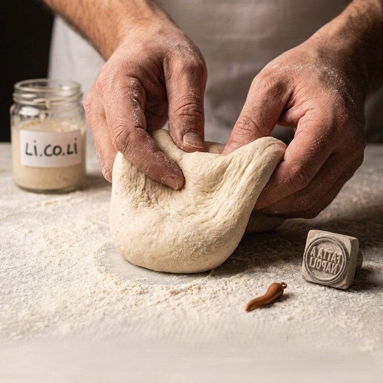 Person kneading dough on a floured surface with a jar labeled 'Li.co.Li' and a stamp in the background.